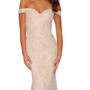 Elegant Cream Off-Shoulder Dress in blush/ivory. Dave & Johnny Bridal A10321